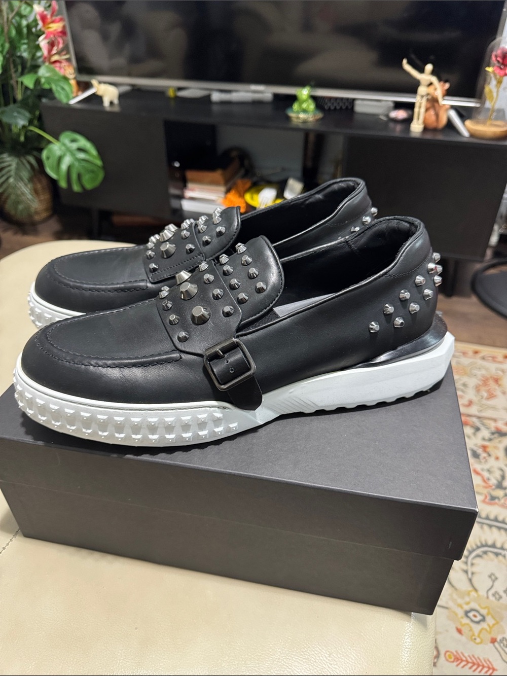 Black Studded Leather Slip-On Sneakers with White Lug Sole - Men - Picture 3 of 7
